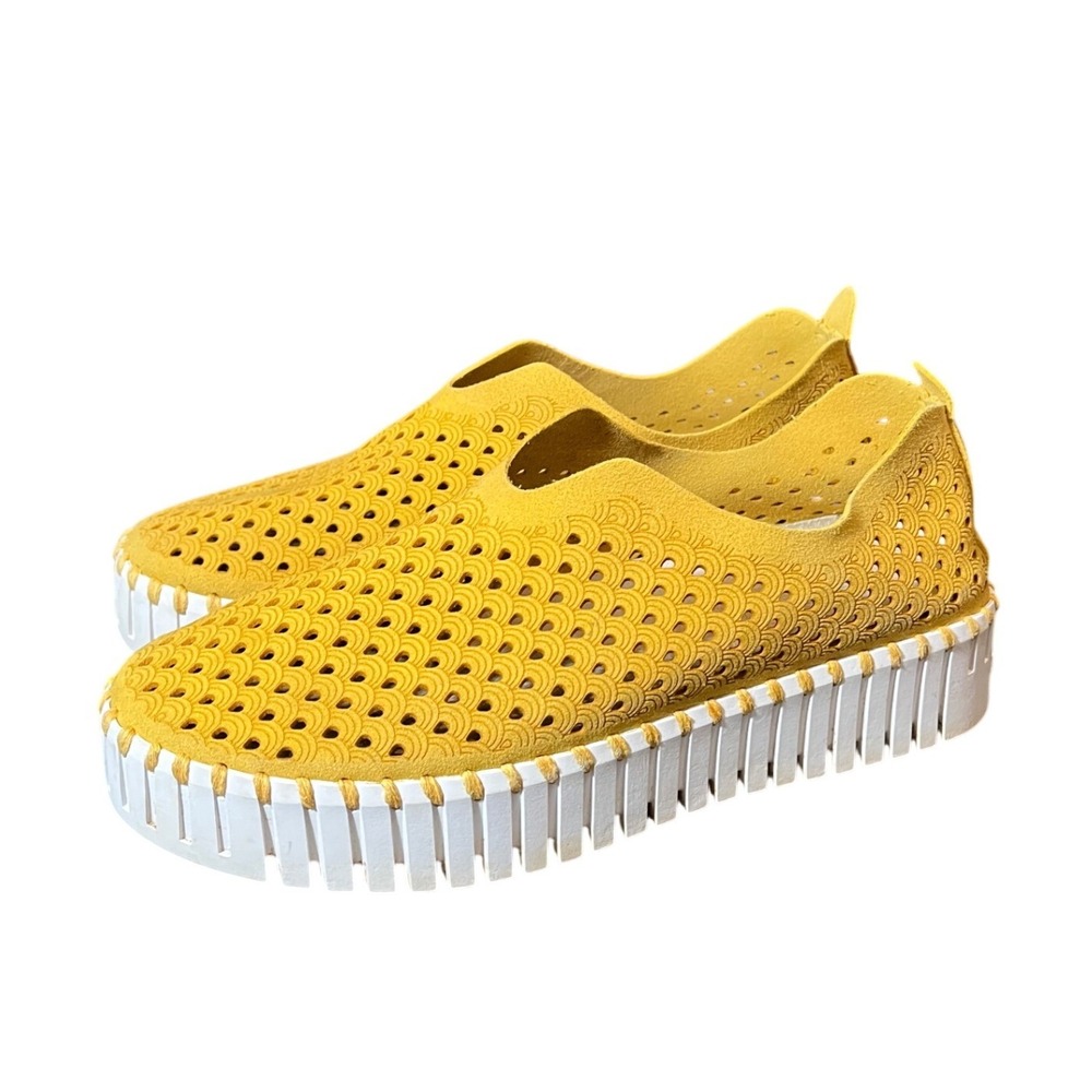 Ilse Jacobsen Tulip Shoes Womens 37 Yellow Laser Cut Perforated Slip On Loafers